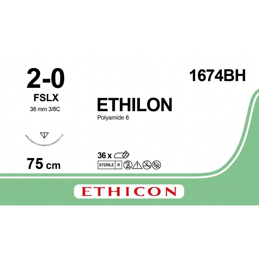 Ethicon ETHILON Black Monofilament Non - Absorbable Surgical Suture USP 2 - 0 30 in (75 cm) Black FSLX Reverse Cutting Needle 19 mm 3/8 Circle 1674BH (Box of 36) - 1674BH