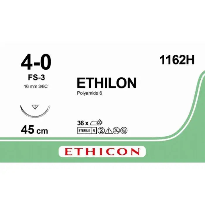 Ethicon ETHILON Black Monofilament Non - Absorbable Surgical Suture USP 4 - 0 18 in (45 cm) Black FS - 3 Reverse Cutting Needle 19 mm 3/8 Circle 1162H (Box of 36) - 1162H