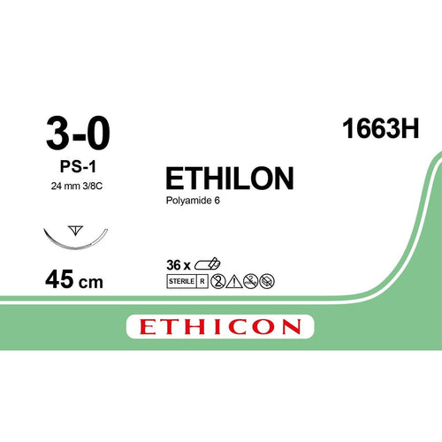 Ethicon ETHILON Black Monofilament Non - Absorbable Surgical Suture USP 3 - 0 18 in (45 cm) Black PS - 1 Prime Reverse Cutting Needle 24 mm 3/8 Circle 1663H (Box of 36) - 1663H
