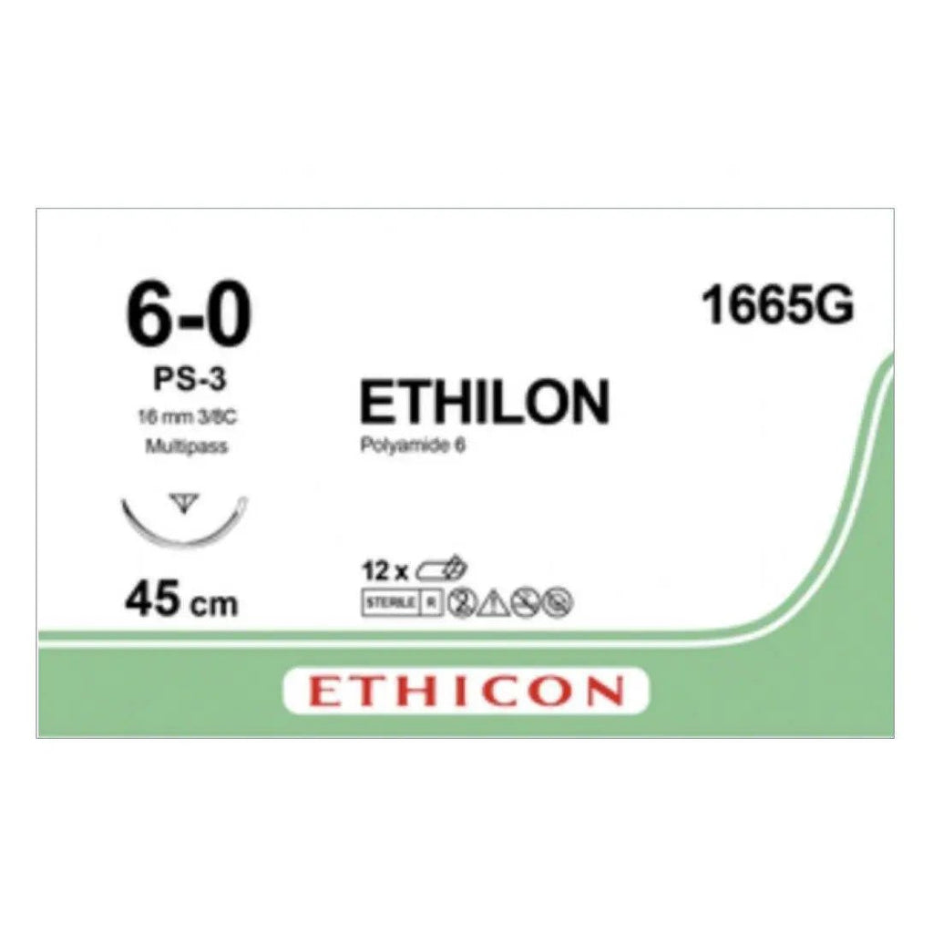 Ethicon ETHILON™ Black Monofilament Non - Absorbable Surgical Suture – USP 6 - 0 – 18 in (45 cm) – Black – PS - 3 Prime Reverse Cutting Needle 13 mm – 3/8 Circle – 1665G (Box of 12) - Medical Suture1665G