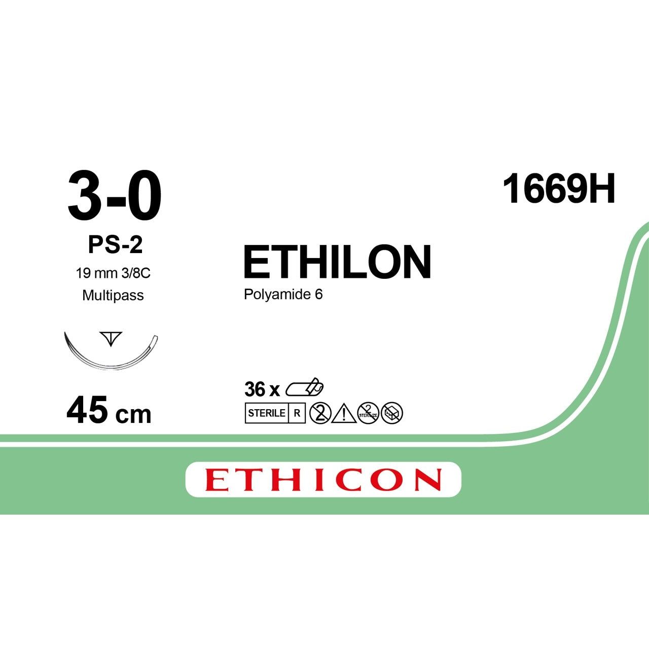 Ethicon ETHILON Black Monofilament Non - Absorbable Surgical Suture USP 3 - 0 18 in (45 cm) Black PS - 2 Prime Reverse Cutting Needle 19 mm 3/8 Circle 1669H (Box of 36) - 1669H