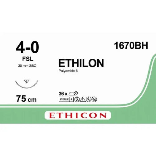 Ethicon ETHILON Black Monofilament Non - Absorbable Surgical Suture USP 4 - 0 30 in (75 cm) Black FSL Reverse Cutting Needle 19 mm 3/8 Circle 1670BH (Box of 36) - 1670BH