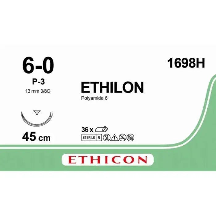 Ethicon ETHILON Black Monofilament Non - Absorbable Surgical Suture USP 6 - 0 18 in (45 cm) Black P - 3 Prime Cutting Needle 13 mm 3/8 Circle 1698H (Box of 36) - 1698H