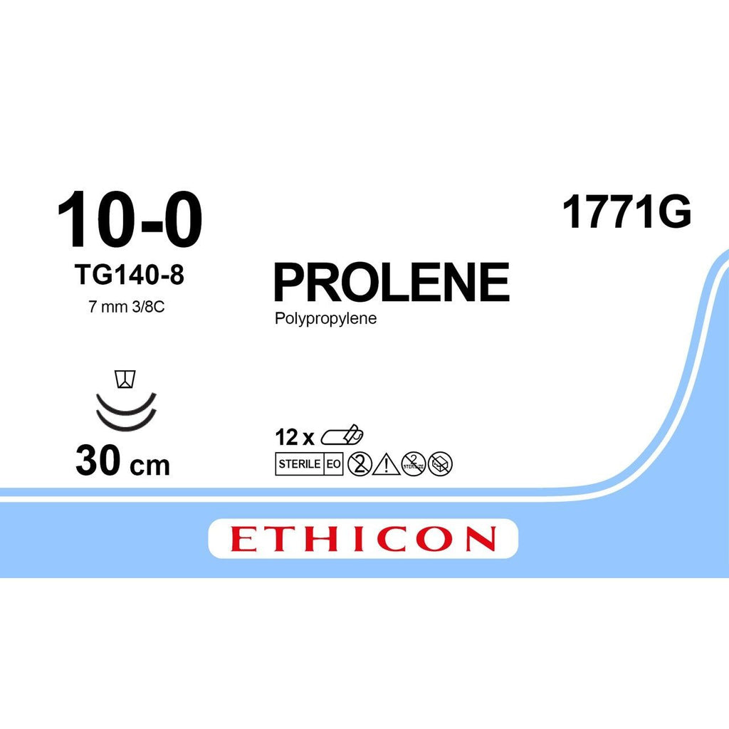 Ethicon PROLENE Polypropylene Blue Non - Absorbable Microsurgical Suture USP 10 - 0 30 cm (12 in) Double - Armed TG140 - 8 Cutting Edge Spatula Reverse Needles 1771G (Box of 12) - 1771G