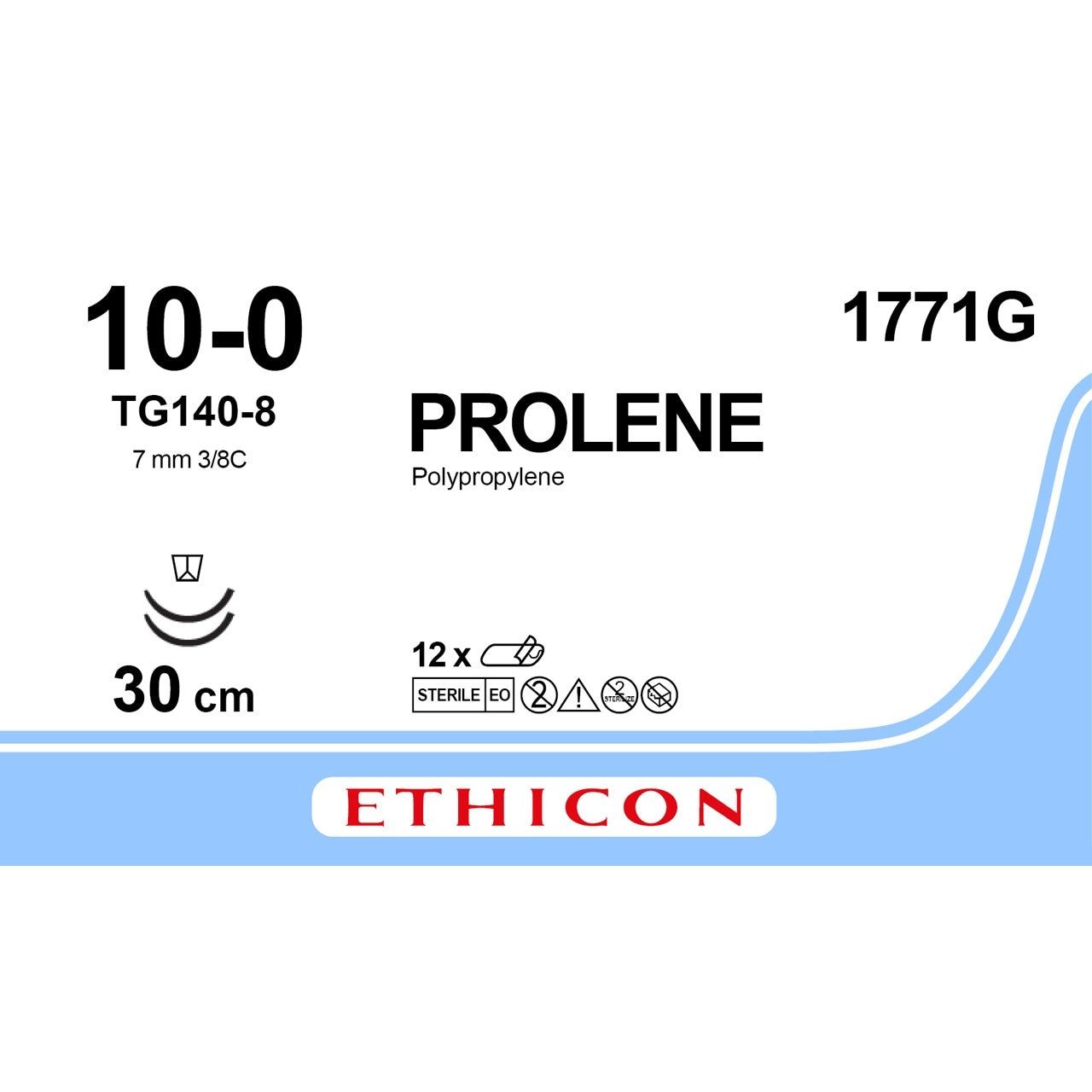 Ethicon PROLENE Polypropylene Blue Non - Absorbable Microsurgical Suture USP 10 - 0 30 cm (12 in) Double - Armed TG140 - 8 Cutting Edge Spatula Reverse Needles 1771G (Box of 12) - 1771G