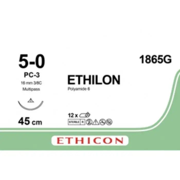 Ethicon ETHILON Black Monofilament Non - Absorbable Surgical Suture USP 5 - 0 18 in (45 cm) Black PC - 3 Prime Cutting Needle 13 mm 3/8 Circle 1865G (Box of 12) - 1865G
