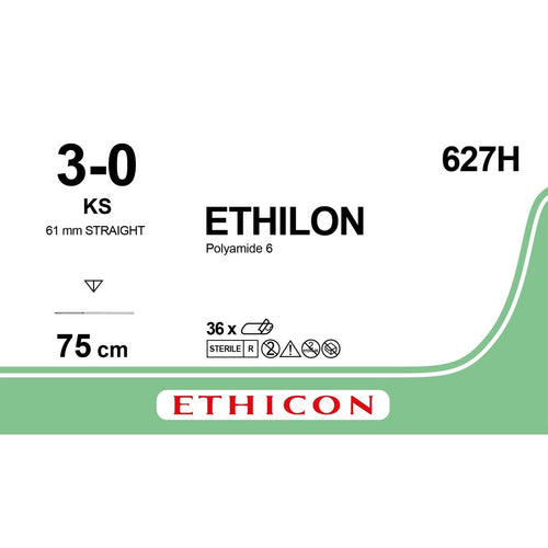 Ethicon ETHILON Black Monofilament Non - Absorbable Surgical Suture USP 3 - 0 30 in (75 cm) Black KS Reverse Cutting Needle 19 mm 3/8 Circle 627H (Box of 36) - 627H