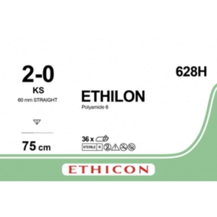 Ethicon ETHILON™ Black Monofilament Non - Absorbable Surgical Suture – USP 2 - 0 – 30 in (75 cm) – Black – KS Reverse Cutting Needle 19 mm – 3/8 Circle – 628H (Box of 36) - Suture628H