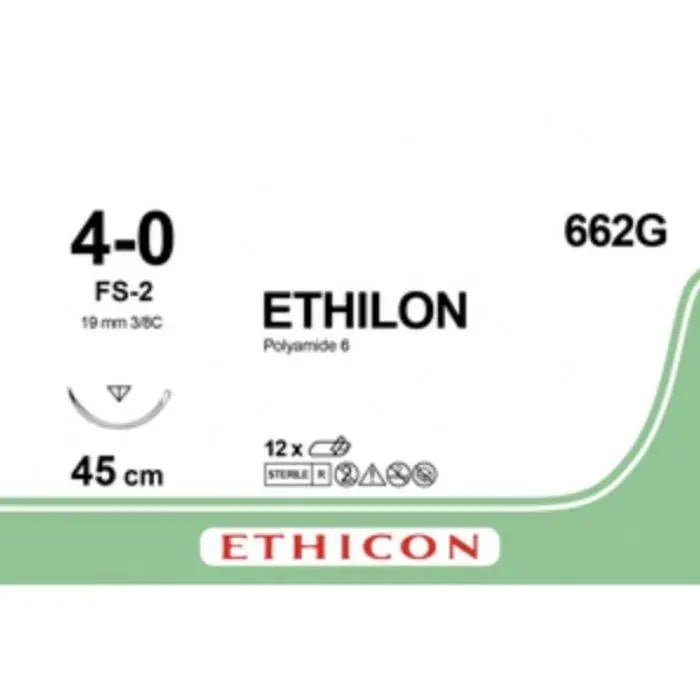 Ethicon ETHILON Black Monofilament Non - Absorbable Surgical Suture USP 4 - 0 18 in (45 cm) Black FS - 2 Reverse Cutting Needle 19 mm 3/8 Circle 662G (Box of 12) - 662G