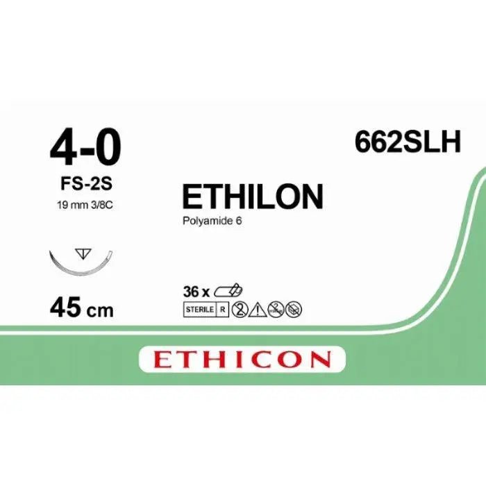 Ethicon ETHILON Black Monofilament Non - Absorbable Surgical Suture USP 4 - 0 18 in (45 cm) Black FS - 2S Slim Reverse Cutting Needle 19 mm 3/8 Circle 662SLH (Box of 36) - 662SLH