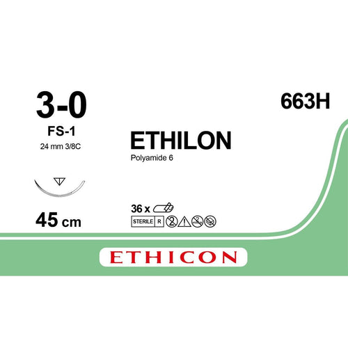 Ethicon ETHILON Black Monofilament Non - Absorbable Surgical Suture USP 3 - 0 18 in (45 cm) Black FS - 1 Reverse Cutting Needle 24 mm 3/8 Circle 663H (Box of 36) - 663H