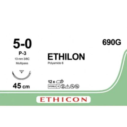 Ethicon ETHILON™ Clear (Undyed) Monofilament Non - Absorbable Surgical Suture | USP 5 - 0 | 18 in (45 cm) | Clear | P - 3 Prime Cutting Needle 13 mm | 3/8 Circle | 690G (Box of 12) - Suture690G