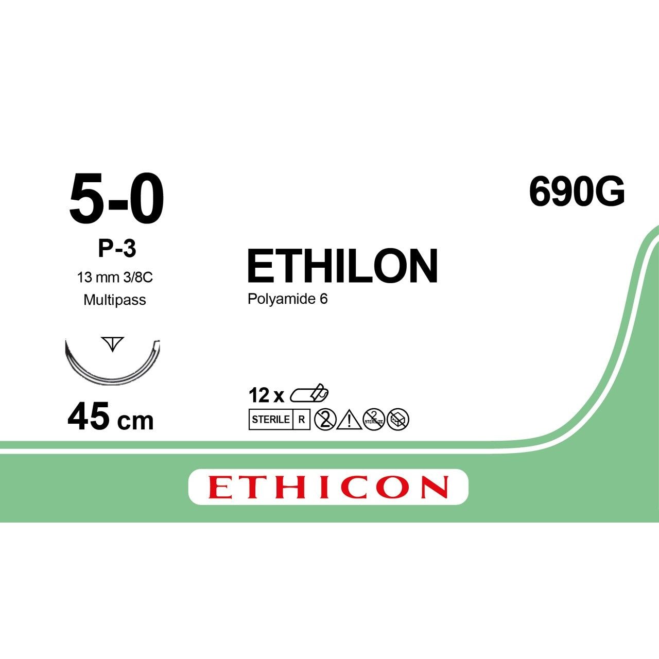 Ethicon ETHILON Clear (Undyed) Monofilament Non - Absorbable Surgical Suture USP 5 - 0 18 in (45 cm) Clear P - 3 Prime Cutting Needle 13 mm 3/8 Circle 690G (Box of 12) - 690G