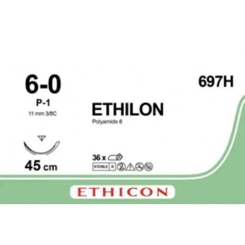 Ethicon ETHILON Black Monofilament Non - Absorbable Surgical Suture USP 6 - 0 18 in (45 cm) Black P - 1 Prime Cutting Needle 11 mm 3/8 Circle 697H (Box of 36) - 697H