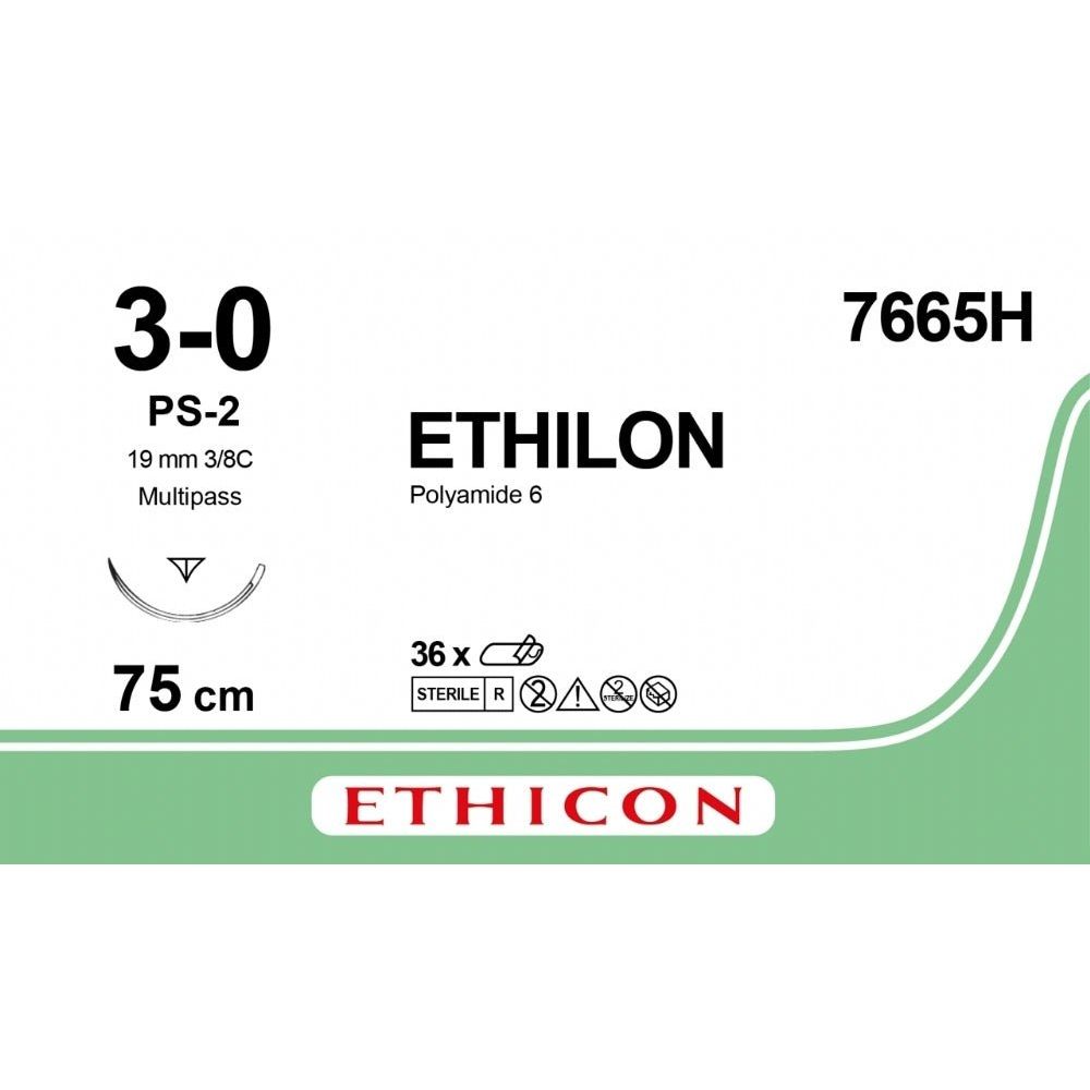 Ethicon ETHILON Black Monofilament Non - Absorbable Surgical Suture USP 3 - 0 30 in (75 cm) Black PS - 2 Prime Reverse Cutting Needle 19 mm 3/8 Circle 7665H (Box of 36) - 7665H