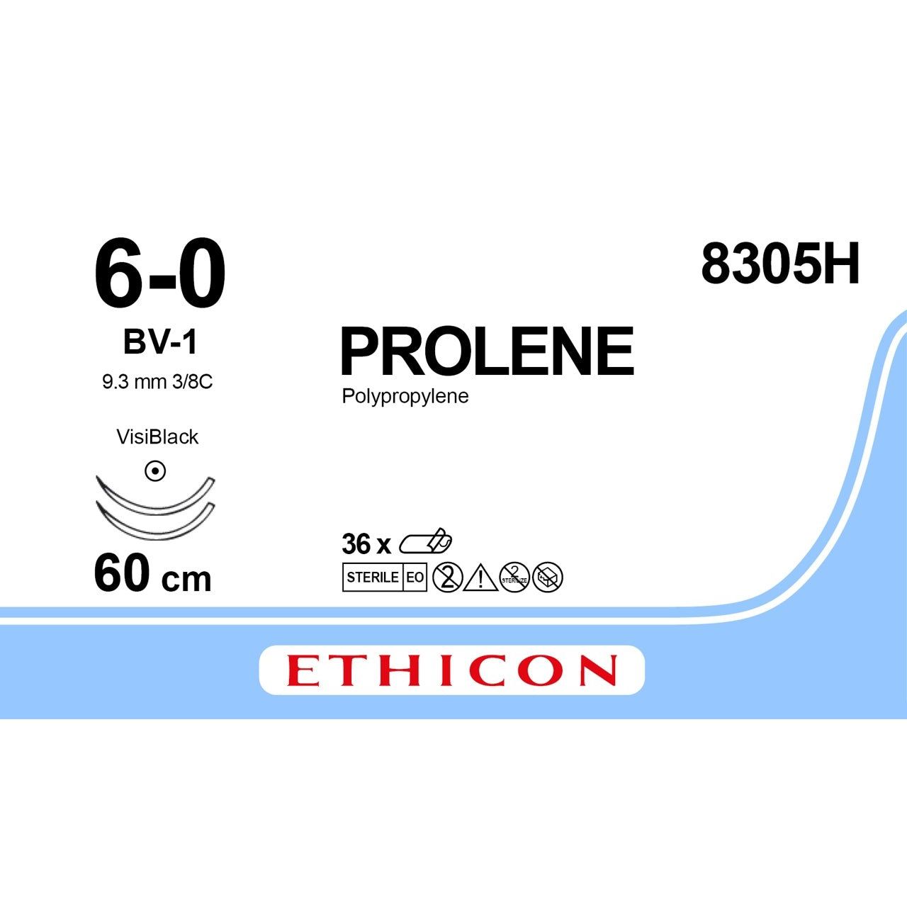 Ethicon PROLENE Polypropylene Blue Non - Absorbable Surgical Suture USP 6 - 0 60 cm (24 in) Double - Armed BV - 1 VISI - BLACK Taper Point Needles 8305H (Box of 36) - 8305H