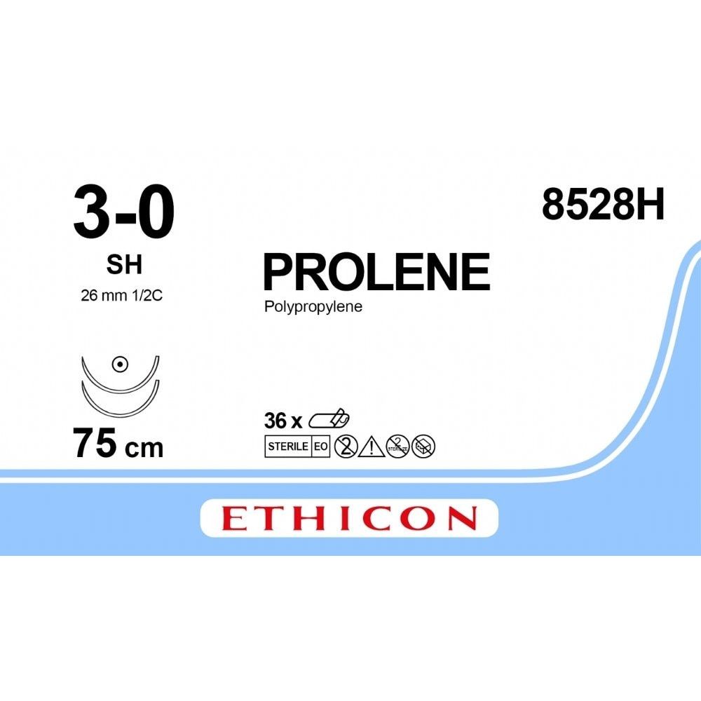 Ethicon PROLENE Polypropylene Blue Non - Absorbable Surgical Suture USP 3 - 0 75 cm SH Taper Point Needle 8528H (Box of 36) - 8528H