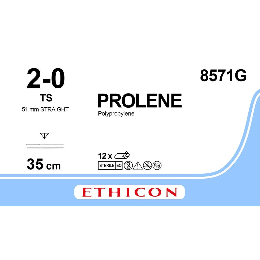 Ethicon PROLENE Polypropylene Blue Non - Absorbable Surgical Suture USP 2 - 0 35 cm (14 in) Double - Armed TS Reverse Cutting Needles 8571G (Box of 12) - 8571G