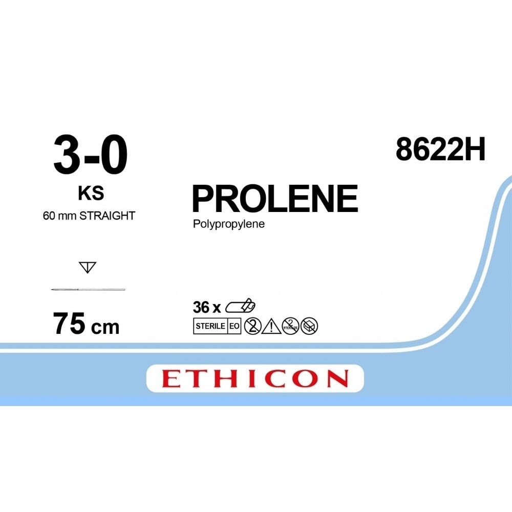 Ethicon PROLENE Polypropylene Blue Non - Absorbable Surgical Suture USP 3 - 0 75 cm (30 in) KS Reverse Cutting Needle 8622H (Box of 36) - 8622H