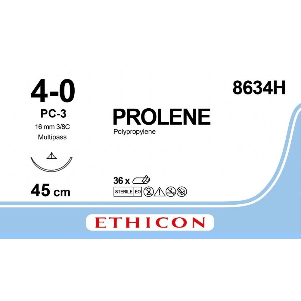 Ethicon PROLENE Polypropylene Blue Non - Absorbable Veterinary Surgical Suture USP 4 - 0 45 cm PC - 3 PRIME MULTIPASS Conventional Cutting Needle 8634H (Box of 36) - 8634H