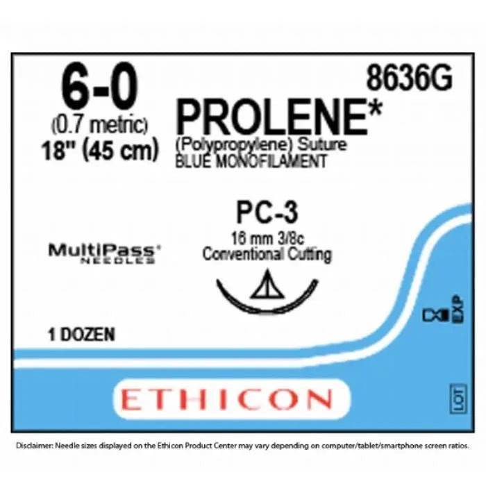 Ethicon PROLENE® Polypropylene Blue Non - Absorbable Surgical Suture | USP 6 - 0 | 18 in (45 cm) | PC - 3 PRIME™ Conventional Cutting Needle (16 mm) | 8636G (Box of 12) - Suture8636G
