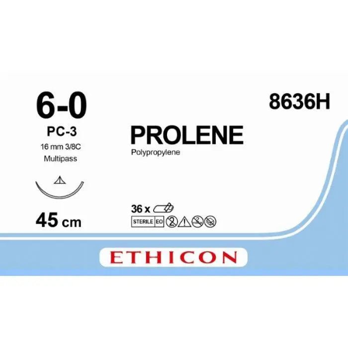 Ethicon PROLENE® Polypropylene Blue Non - Absorbable Veterinary Surgical Suture | USP 6 - 0 | 45 cm | PC - 3 PRIME MULTIPASS® Conventional Cutting Needle | 8636H (Box of 36) - Suture8636H