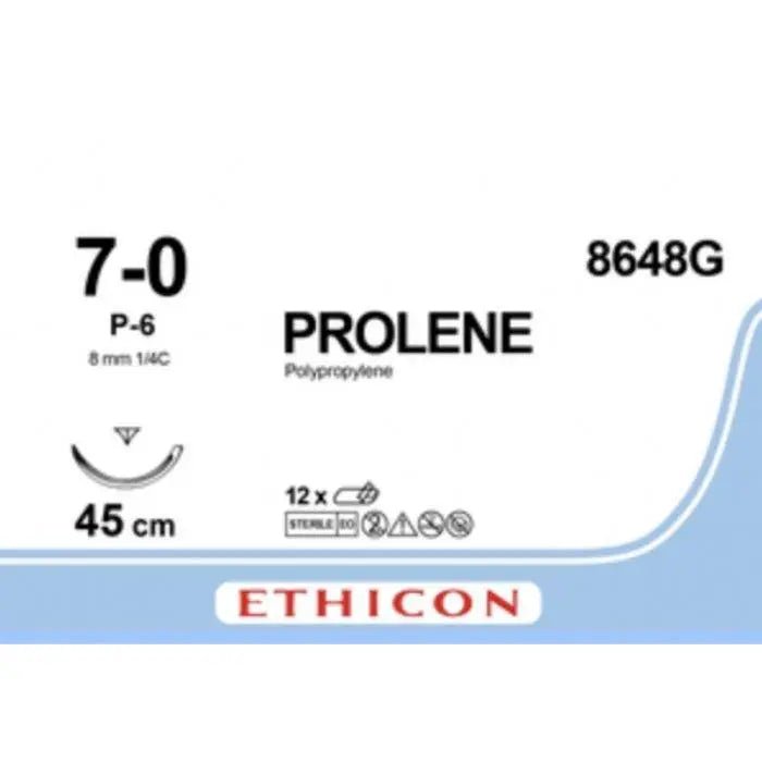 Ethicon PROLENE® Polypropylene Blue Non - Absorbable Surgical Suture | USP 7 - 0 | 45 cm (18 in) | P - 6 Prime Reverse Cutting Needle | 8648G (Box of 12) - Suture8648G