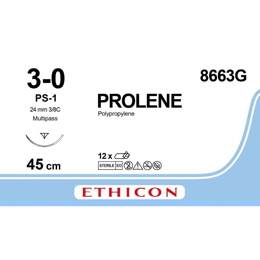 Ethicon PROLENE Polypropylene Blue Non - Absorbable Surgical Suture USP 3 - 0 45 cm (18 in) PS - 1 MULTIPASS Prime Reverse Cutting Needle 8663G (Box of 12) - 8663G