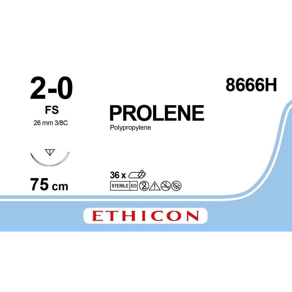 Ethicon PROLENE Polypropylene Blue Non - Absorbable Surgical Suture USP 2 - 0 75 cm FS Reverse Cutting Needle 8666H (Box of 36) - 8666H