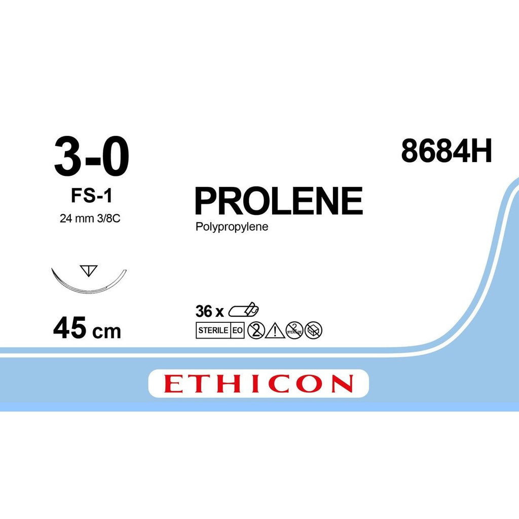 Ethicon PROLENE Polypropylene Blue Non - Absorbable Surgical Suture USP 3 - 0 45 cm FS - 1 Reverse Cutting Needle 8684H (Box of 36) - 8684H