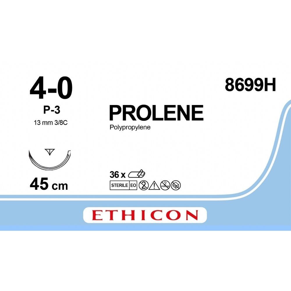 Ethicon PROLENE Polypropylene Blue Non - Absorbable Veterinary Surgical Suture USP 4 - 0 45 cm P - 3 PRIME MULTIPASS Reverse Cutting Needle 8699H (Box of 36) - 8699H