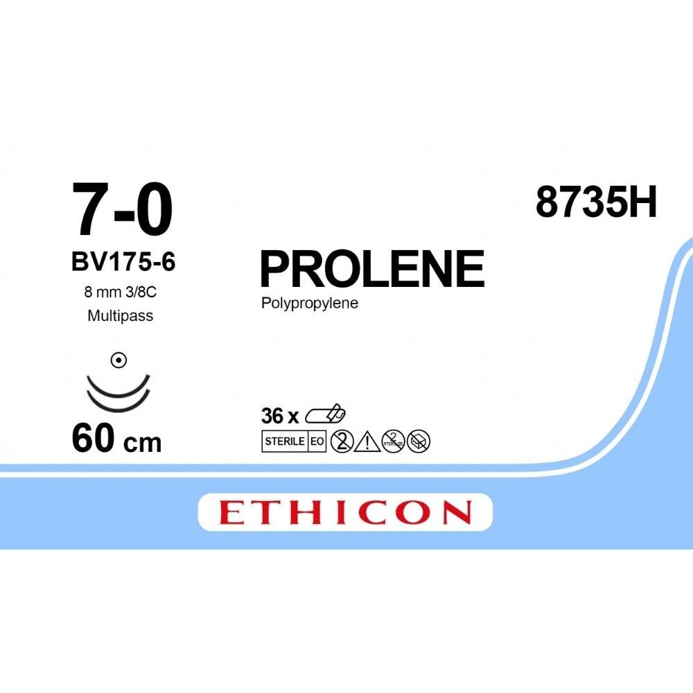 Ethicon PROLENE Polypropylene Blue Non - Absorbable Surgical Suture USP 7 - 0 60 cm (24 in) Double - Armed BV175 - 6 MULTIPASS Taper Point Needles 8735H (Box of 36) - 8735H