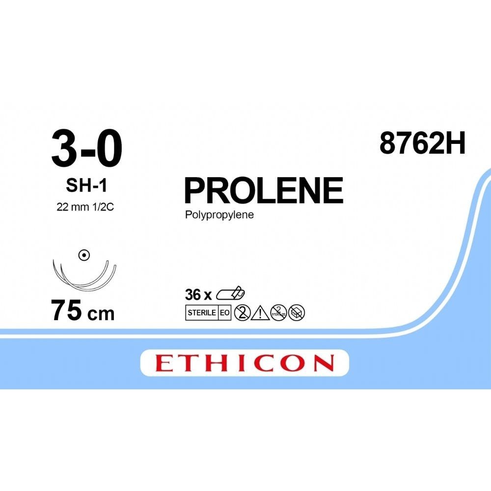 Ethicon PROLENE Polypropylene Blue Non - Absorbable Surgical Suture USP 3 - 0 75 cm (30 in) Double - Armed SH - 1 Taper Point Needles 8762H (Box of 36) - 8762H