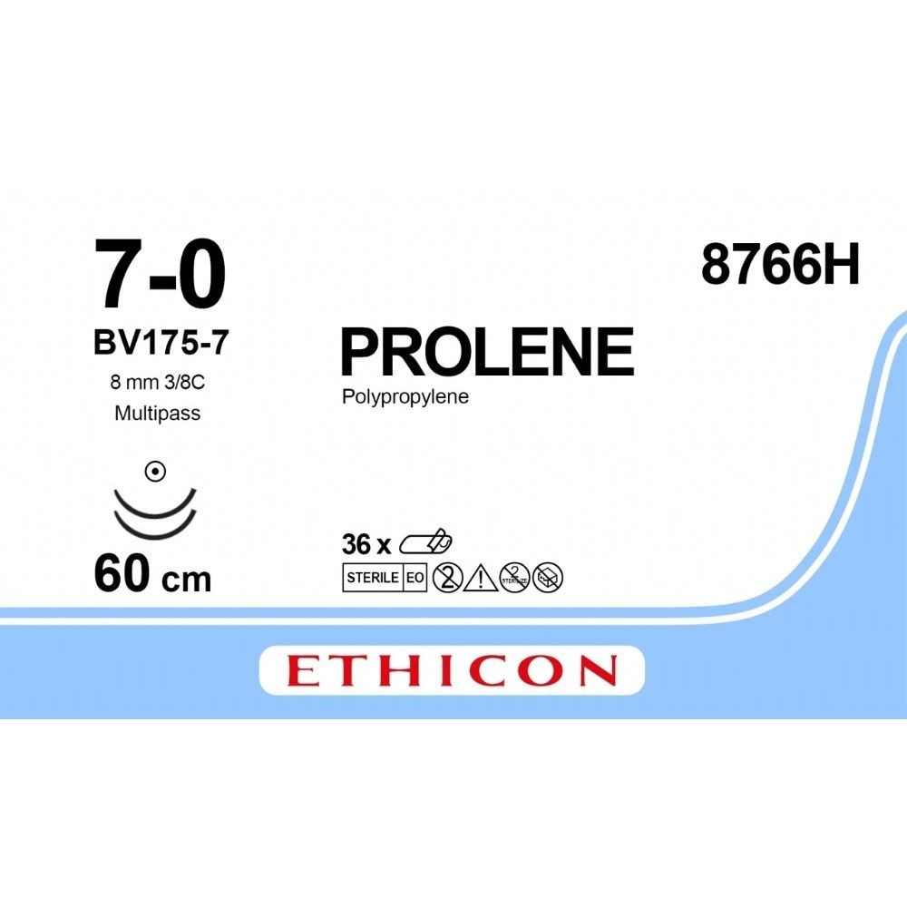 Ethicon PROLENE Polypropylene Blue Non - Absorbable Surgical Suture USP 7 - 0 60 cm (24 in) Double - Armed BV175 - 7 MULTIPASS Taper Point Needles 8766H (Box of 36) - 8766H