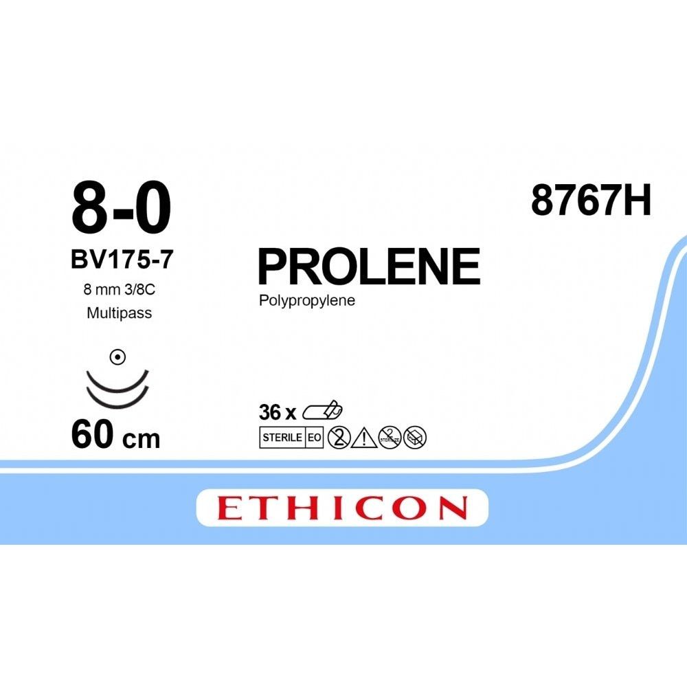 Ethicon PROLENE Polypropylene Blue Non - Absorbable Surgical Suture USP 8 - 0 60 cm Double - Armed BV175 - 7 MULTIPASS Taper Point Needles 8767H (Box of 36) - 8767H