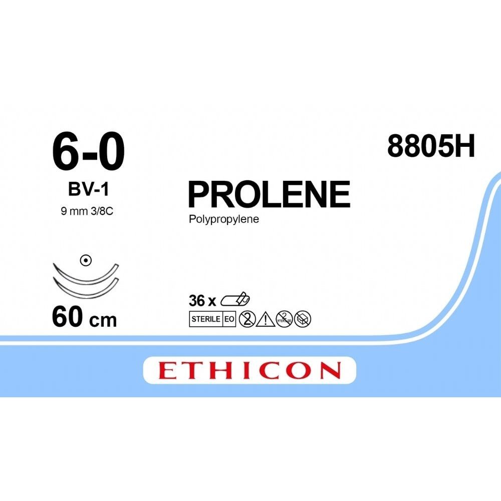 Ethicon PROLENE Polypropylene Blue Non - Absorbable Surgical Suture USP 6 - 0 60 cm (24 in) Double - Armed BV - 1 Taper Point Needles 8805H (Box of 36) - 8805H