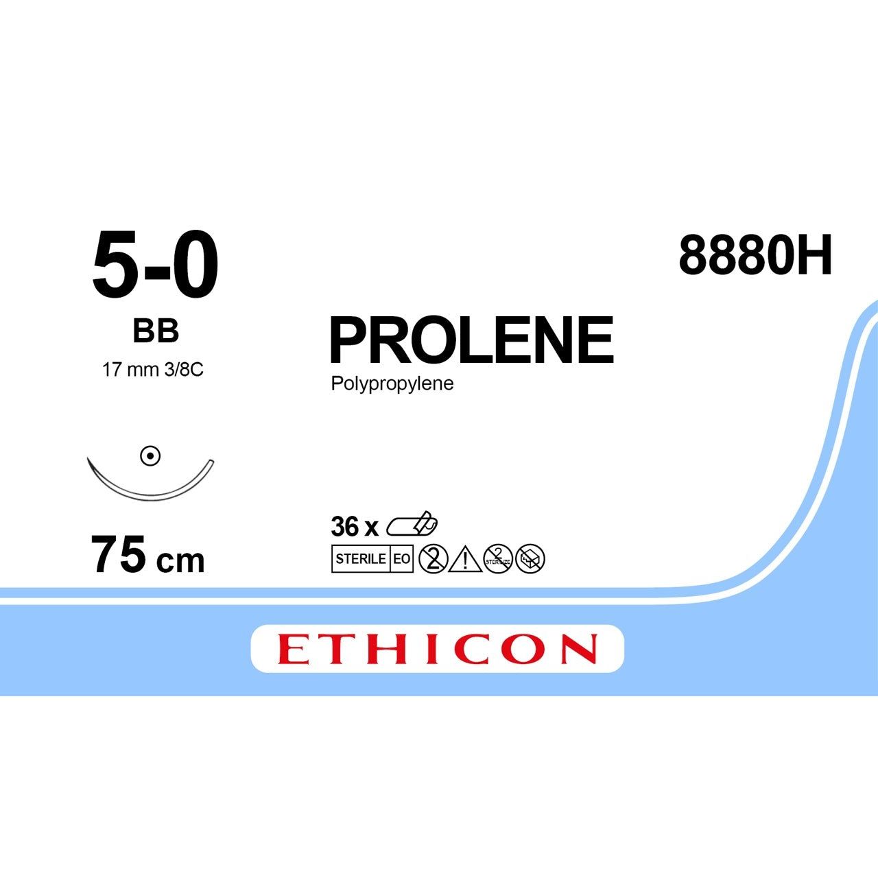 Ethicon PROLENE Polypropylene Blue Non - Absorbable Surgical Suture USP 5 - 0 75 cm BB Taper Point Needle 8880H (Box of 36) - 8880H