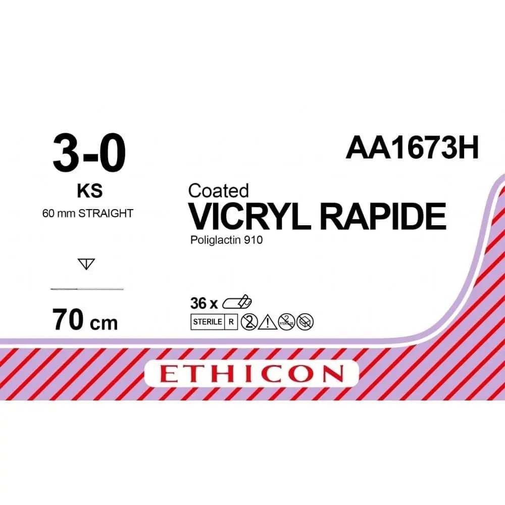 Ethicon VICRYL RAPIDE Braided Polyglactin 910 Absorbable Surgical Suture – USP 3 - 0 – 70 cm – Undyed – Reverse Cutting Needle (60 mm, Straight) – AA1673H (Box of 36) Size: 3 - 0 Colour: Undyed Style: Reverse Cutting - SutureAA1673H