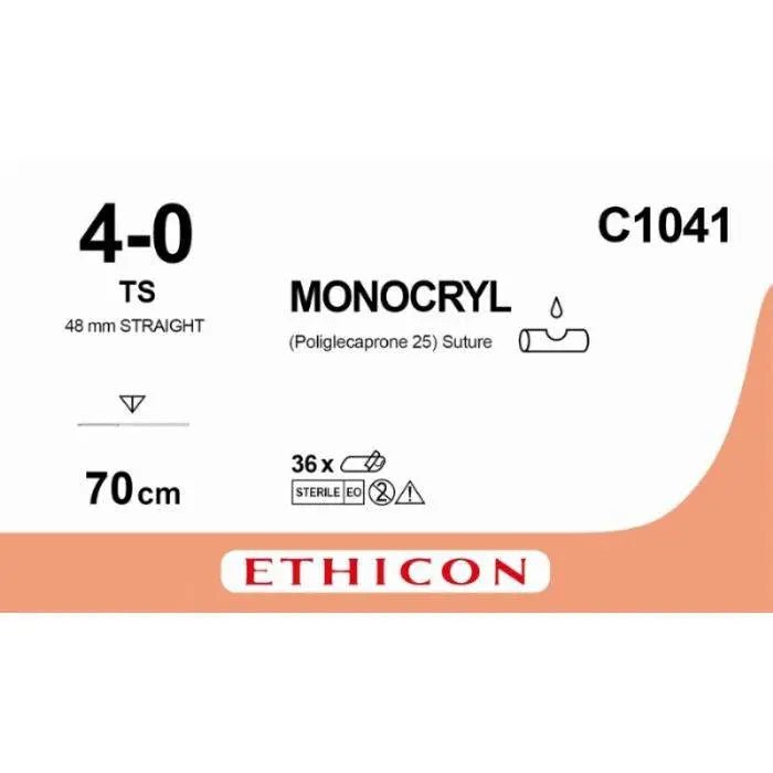 Ethicon MONOCRYL Poliglecaprone 25 Absorbable Monofilament Surgical Suture | USP 4 - 0 | 70 cm | Undyed | Single - Armed Reverse Cutting Straight Needle 48 mm | C1041 (Box of 36) - SutureC1041