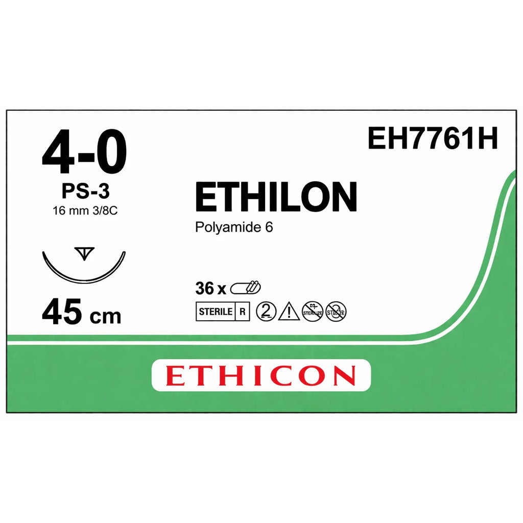 Ethicon ETHILON™ Black Monofilament Non - Absorbable Surgical Suture | USP 4 - 0 | 18 in (45 cm) | Black | PS - 3 Prime Reverse Cutting Needle 13 mm | 3/8 Circle | EH7761H (Box of 36) - SutureEH7761H