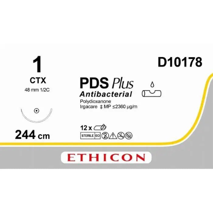 Ethicon PDS® Plus Antibacterial (Polydioxanone) Violet Absorbable Veterinary Surgical Suture – USP 1 – 244 cm – CTX Taperpoint Needle (48 mm) – D10178 (Box of 12) - SutureD10178