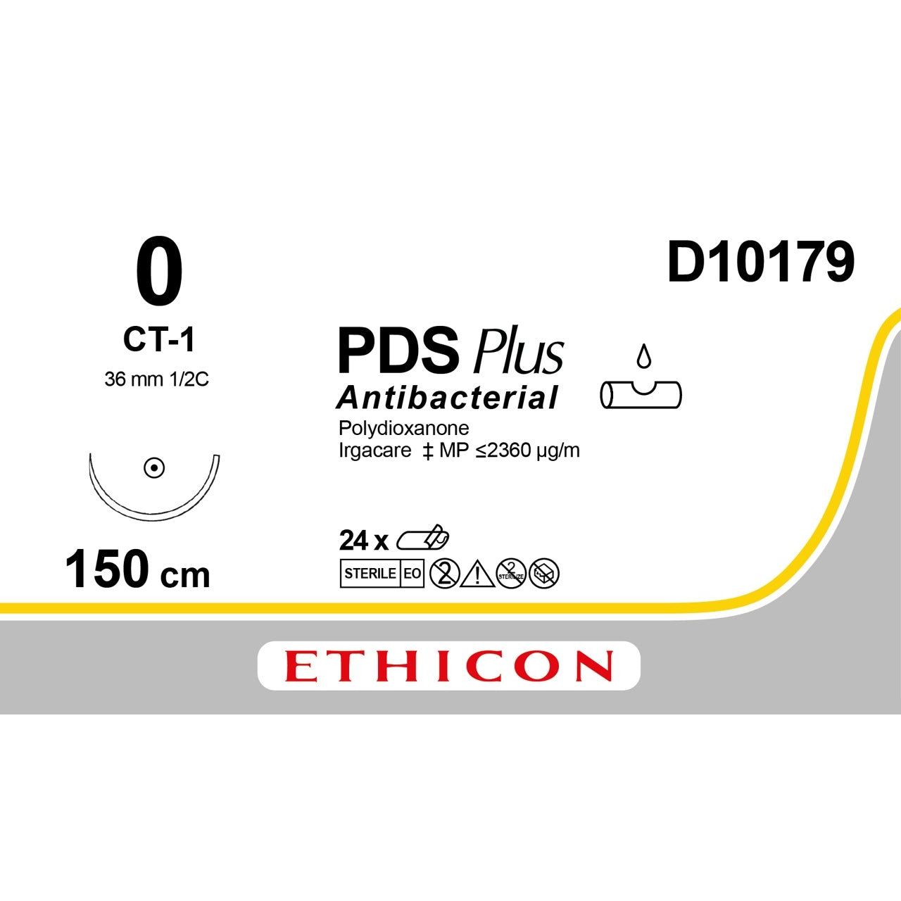 Ethicon PDS® Plus Antibacterial (Polydioxanone) Violet Absorbable Surgical Suture – USP 0 – 150 cm – CT - 1 Taperpoint Needle (36 mm) – D10179 (Box of 24) - SutureD10179