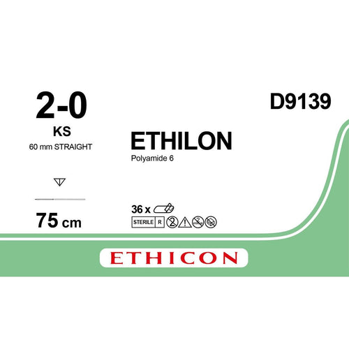 Ethicon ETHILON Clear (Undyed) Monofilament Non - Absorbable Surgical Suture USP 2 - 0 30 in (75 cm) Clear KS Reverse Cutting Needle 19 mm 3/8 Circle D9139 (Box of 36) - D9139