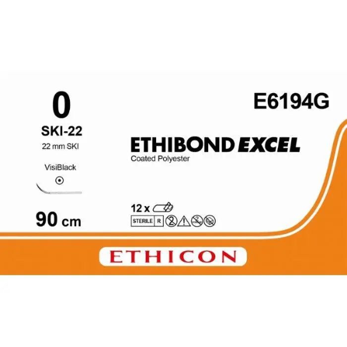 Ethicon ETHIBOND EXCEL Polyester Braided Non - Absorbable Surgical Suture – USP 0 – 90 cm – White – Single - Armed Taperpoint Needle 22 mm – Straight (SKI) – E6194G (Box of 12) - SutureE6194G