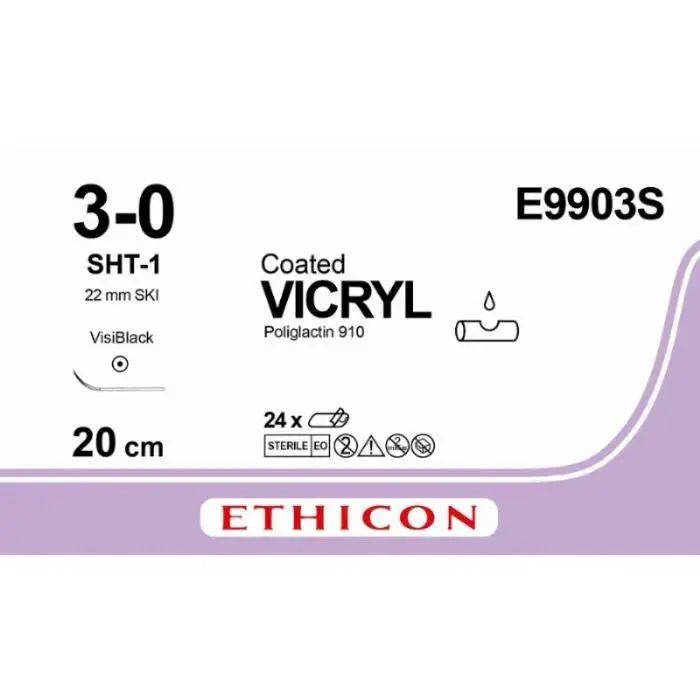 Ethicon VICRYL Polyglactin 910 Braided Absorbable Surgical Suture – USP 3 - 0 – 20 cm – Violet – Single - Armed Taper Point Needle 22 mm, Ski – E9903S (Box of 24) Size: 3 - 0 Colour: Violet Style: Taper Point - SutureE9903S