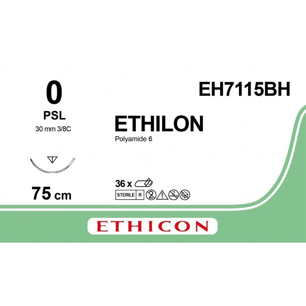 Ethicon ETHILON Black Monofilament Non - Absorbable Surgical Suture USP 0 30 in (75 cm) Black PSL Reverse Cutting Needle 26 mm 3/8 Circle EH7115BH (Box of 36) - EH7115BH
