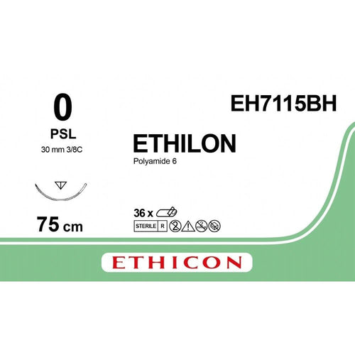 Ethicon ETHILON Black Monofilament Non - Absorbable Surgical Suture USP 0 30 in (75 cm) Black PSL Reverse Cutting Needle 26 mm 3/8 Circle EH7115BH (Box of 36) - EH7115BH