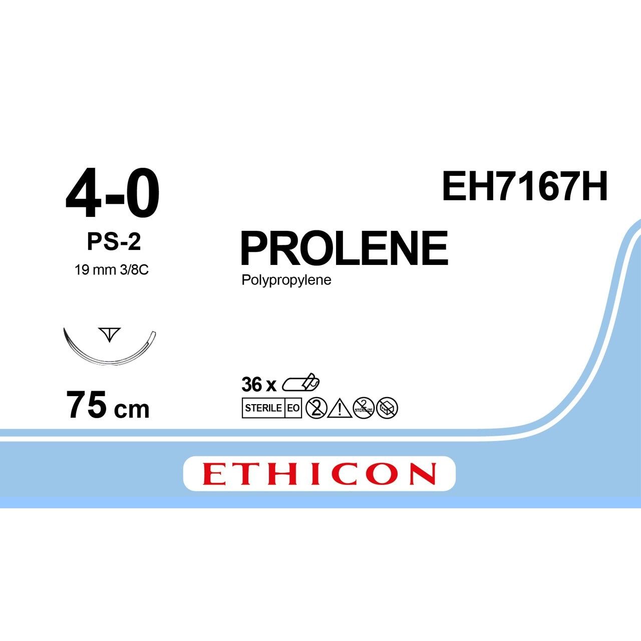 Ethicon PROLENE Polypropylene Blue Non - Absorbable Surgical Suture USP 4 - 0 (Metric 1.5) 75 cm PS - 2 PRIME Reverse Cutting Needle EH7167H (Box of 36) - EH7167H
