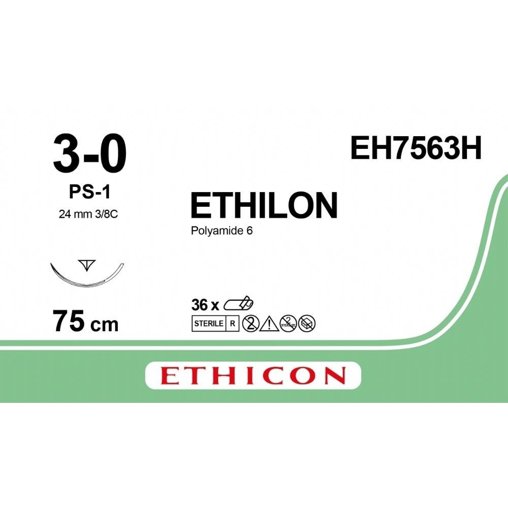 Ethicon ETHILON Black Monofilament Non - Absorbable Surgical Suture USP 3 - 0 30 in (75 cm) Black PS - 1 Prime Reverse Cutting Needle 24 mm 3/8 Circle EH7563H (Box of 36) - EH7563H