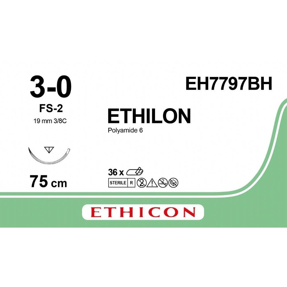 Ethicon ETHILON Black Monofilament Non - Absorbable Surgical Suture USP 3 - 0 30 in (75 cm) Black FS - 2 Reverse Cutting Needle 19 mm 3/8 Circle EH7797BH (Box of 36) - EH7797BH